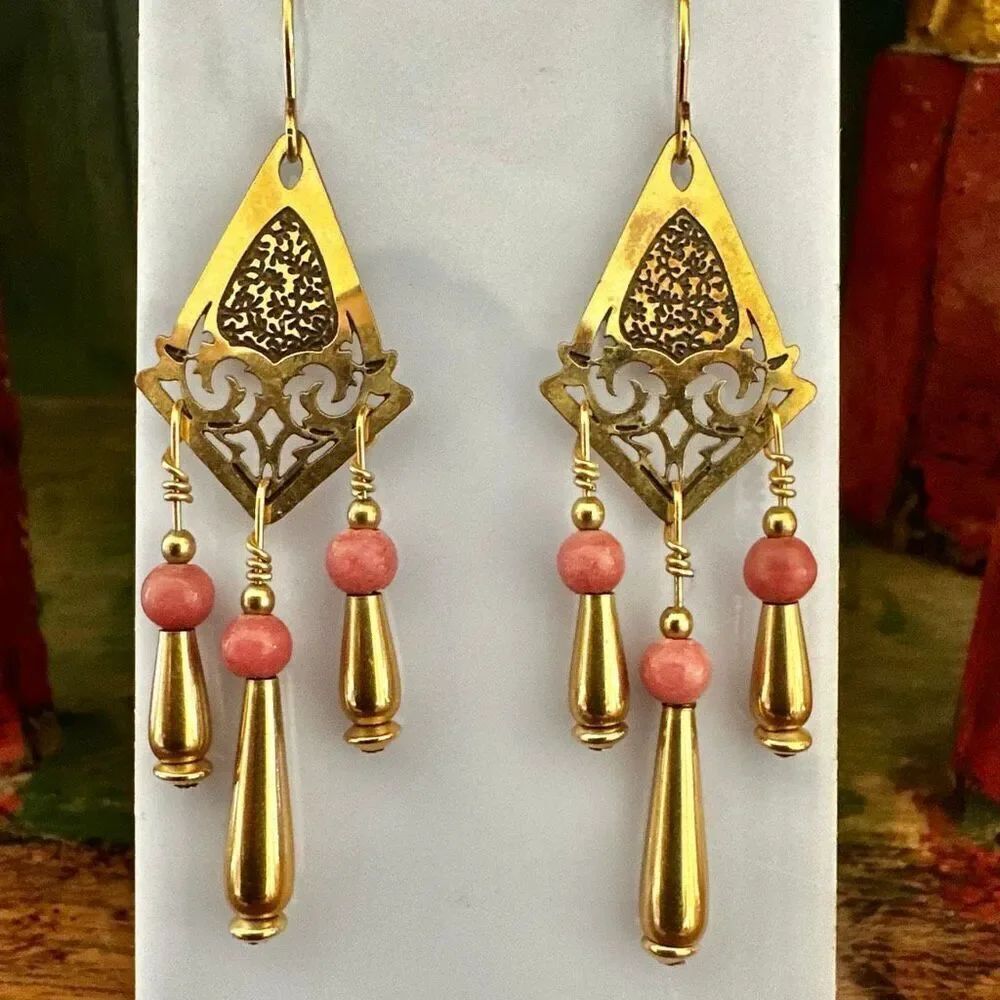 Gold tone Filigree & Coral Bead Dangle Earrings